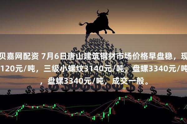 贝嘉网配资 7月6日唐山建筑钢材市场价格早盘稳，现三级大螺纹3120元/吨，三级小螺纹3140元/吨，盘螺3340元/吨，成交一般。