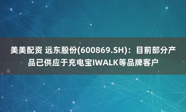 美美配资 远东股份(600869.SH)：目前部分产品已供应于充电宝IWALK等品牌客户